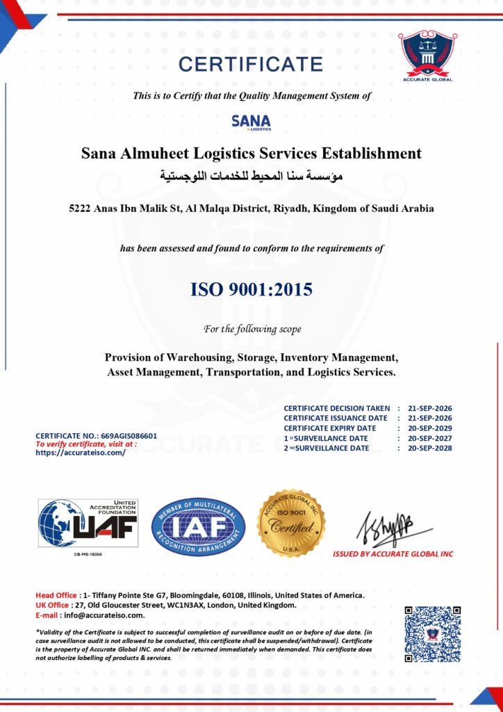 ISO 9001 Sana Almuheet Logistics Services Establishment 1 page 0001